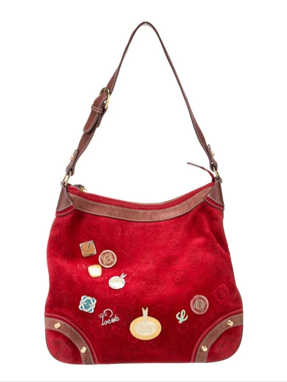 Loewe 160 Anniversary Badges Red Suede Hobo/Shoulder Bag